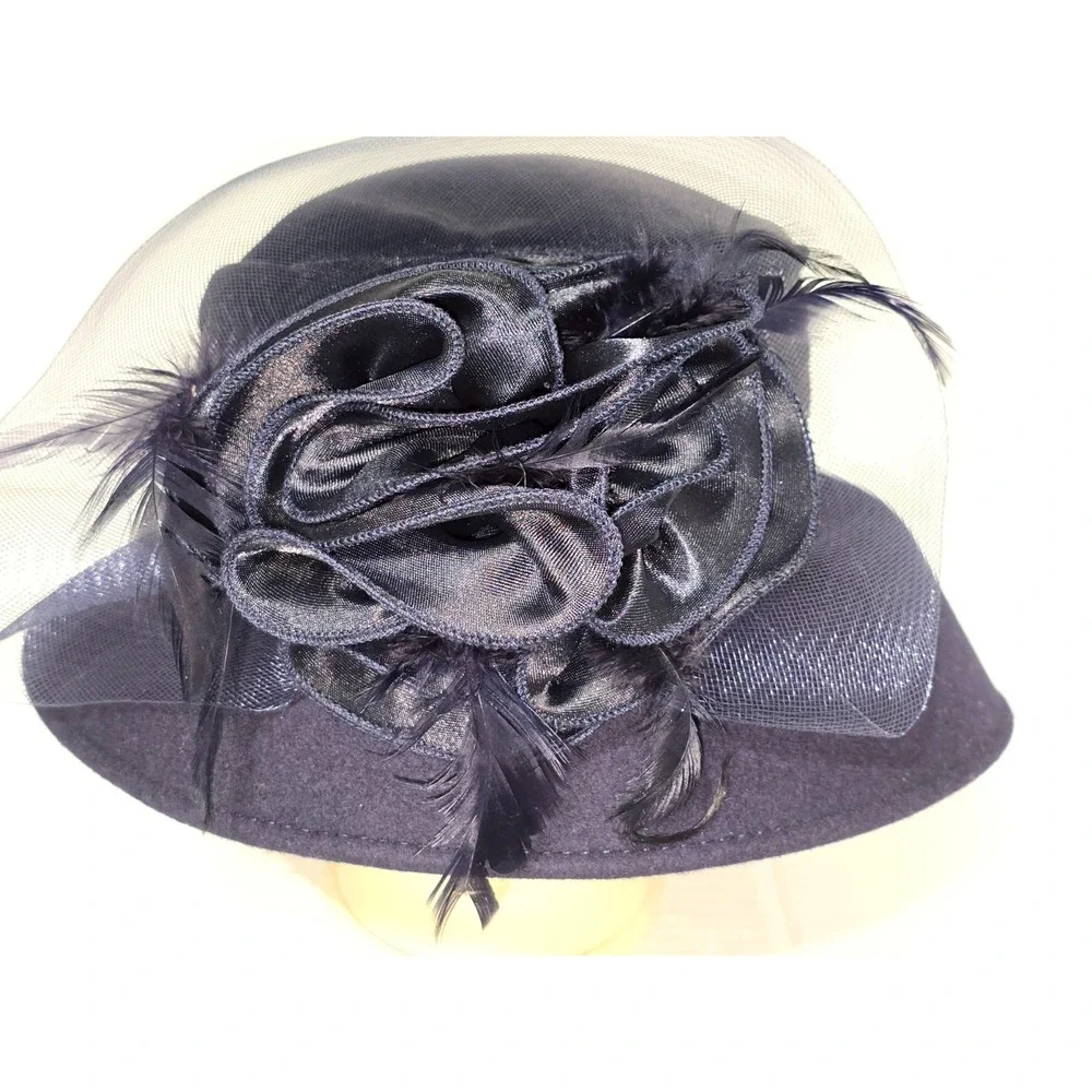 Navy Blue Wool Felt Church Hat Satin Crown Flower Feather Veil Pillbox Wide Brim